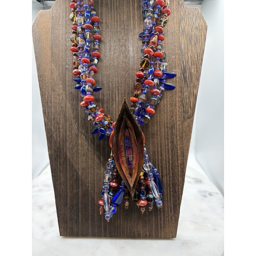 Large Chunky Vintage beaded artisan necklace with Venetian Glass Beads Copper